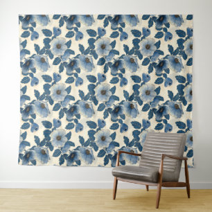 Tenture Fleur bleue pailletée or motif japonais Ukiyo-e