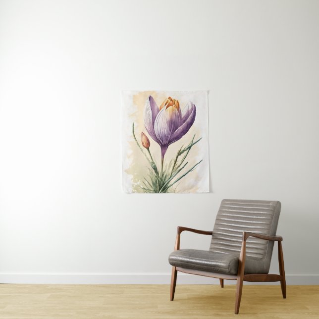 Tenture Fleur de crocus pourpre Art mural aquarelle floral (En situation)