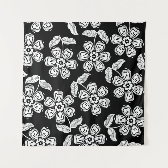 Tenture Fleur de doodle noir et blanc motif noir, abstrait (Devant)