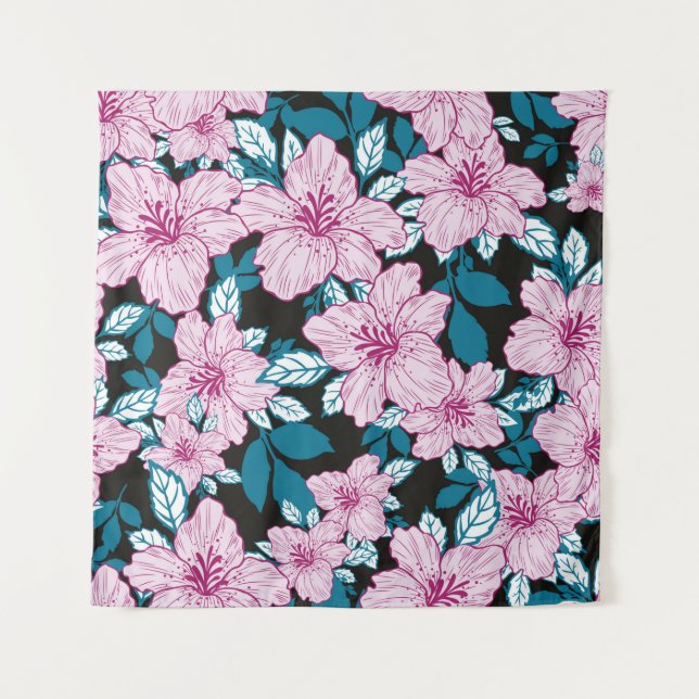 Tenture fleur de lys rose bleu feuille noir arrière - plan (Devant)