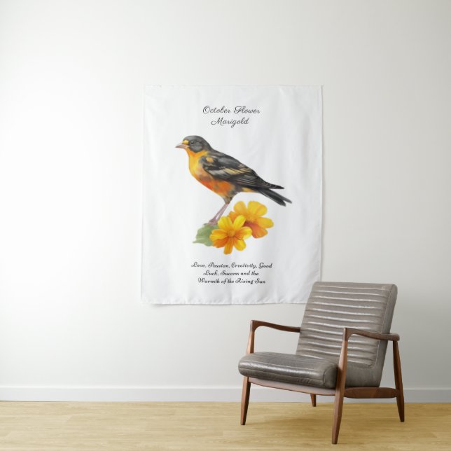 Tenture Fleur et oiseau de souci d'octobre à la naissance  (En situation)