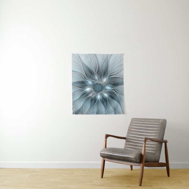 Tenture Fleur Joyeuse Abstrait gris bleu floral Fractal (En situation)
