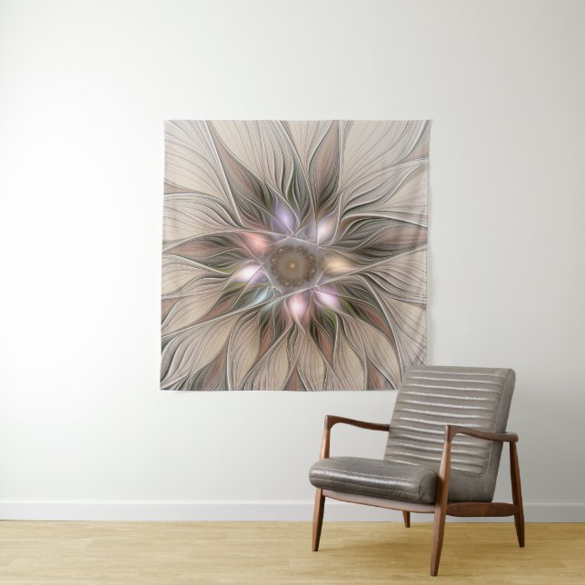 Tenture Fleur joyeuse abstraite beige marron floral fracta (En situation)