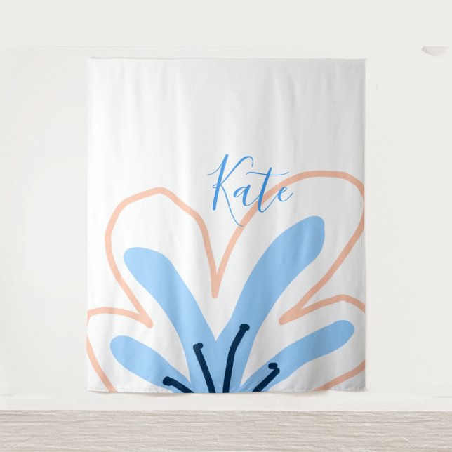 Tenture Fleur pastel orange bleue ajouter nom cadeau rétro (Devant)