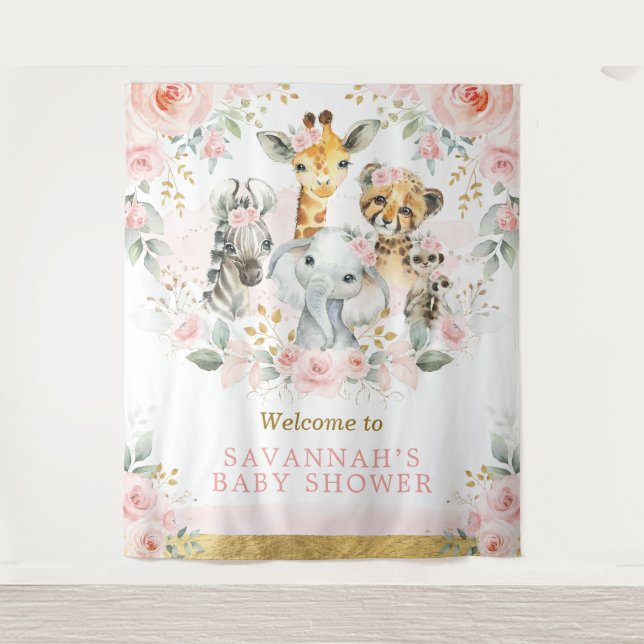 Tenture Fleur rose Flush Jungle Animal Baby Girl Bienvenue (Devant)