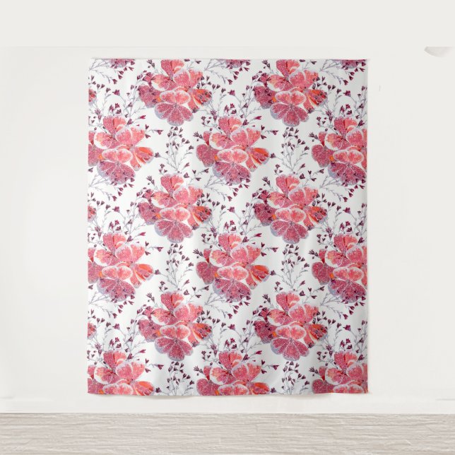 Tenture Fleur rouge rose sur blanc. (Devant)