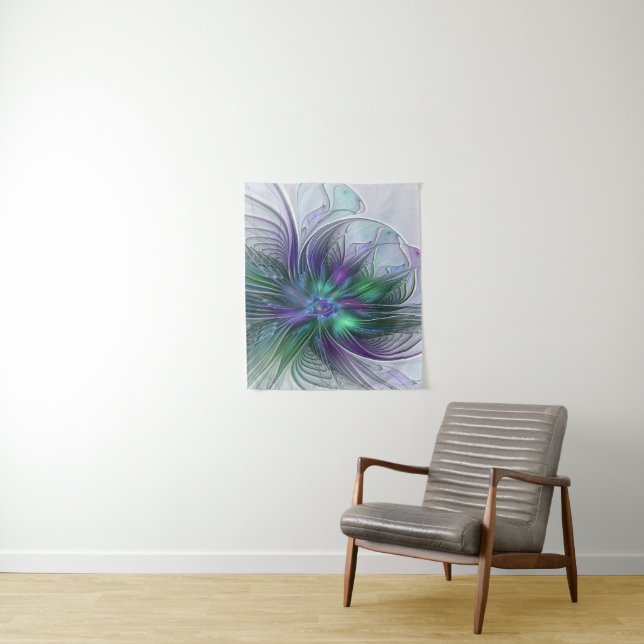 Tenture Fleur verte abstraite moderne fractale violette (En situation)
