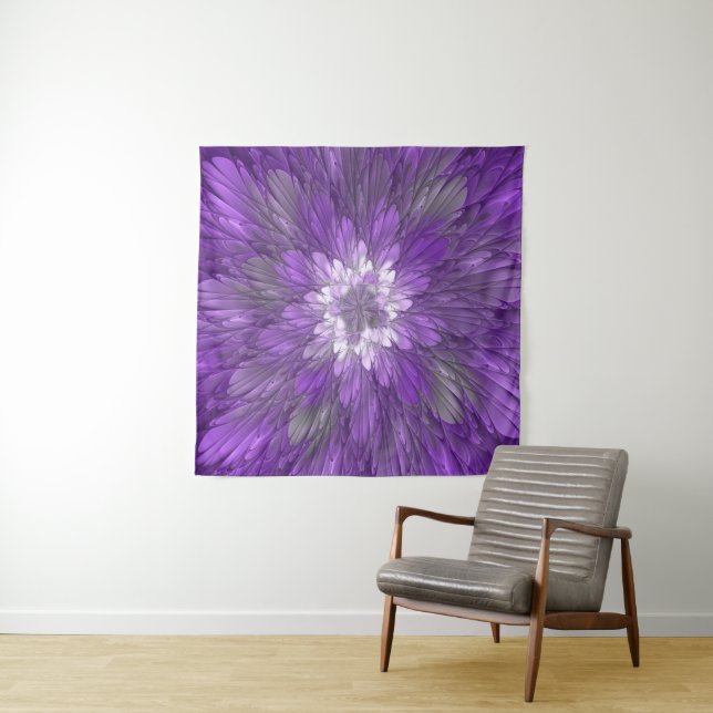Tenture Fleur Violette Psychedéliques Art Fractal Abstrait (En situation)