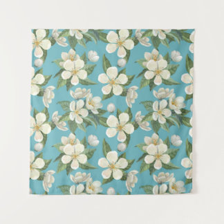 Tenture Fleurs à l'aquarelle blanche Feuilles vertes