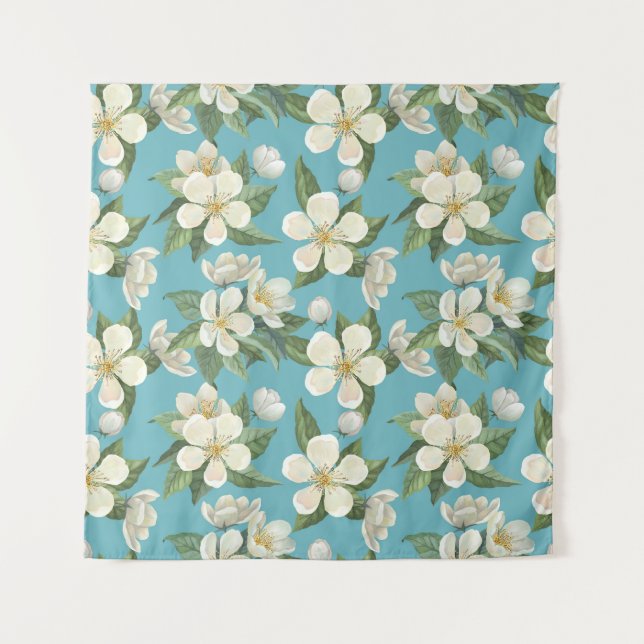 Tenture Fleurs à l'aquarelle blanche Feuilles vertes (Devant)