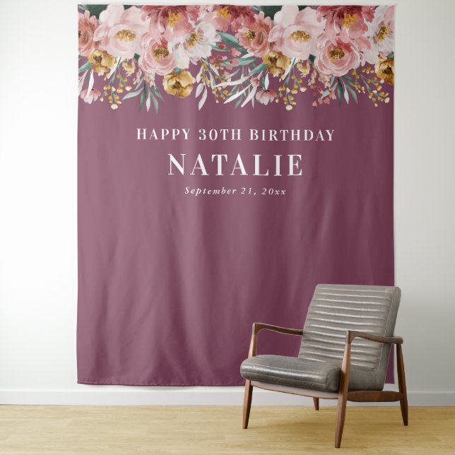 Tenture Fleurs aquarelles girly 30ème anniversaire rose ch (En situation)