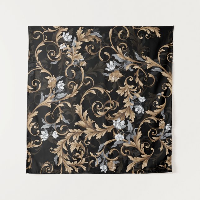Tenture Fleurs baroques classiques : arrière - plan noir. (Devant)