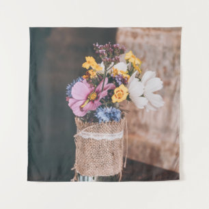TENTURE FLEURS BLANCHES ET JAUNES EN VERRE