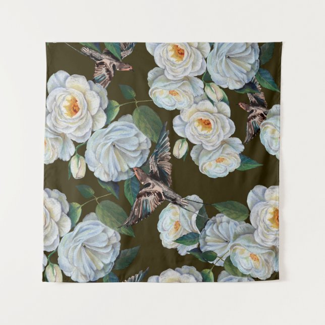 Tenture Fleurs blanches rose avec dessin feuille en pastel (Devant)