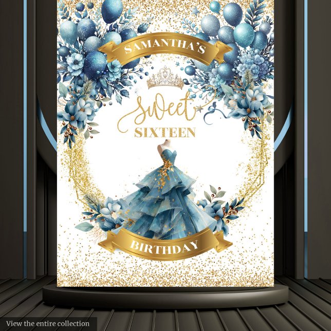 Tenture Fleurs bleues et or Sweet sixteen mur du parti (Blue and Gold Flowers Sweet Sixteen Party Wall Tapestry )