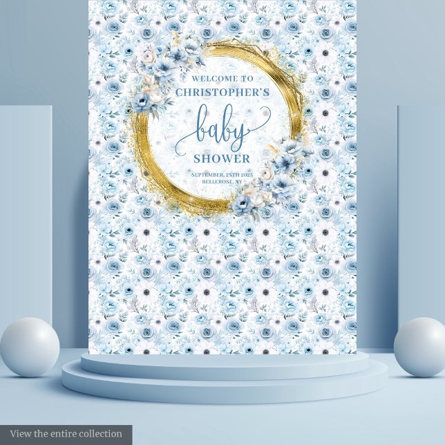 Tenture Fleurs bleues poussiéreuses modernes et dorées pou (Modern dusty blue flowers gold boy baby shower Tapestry )