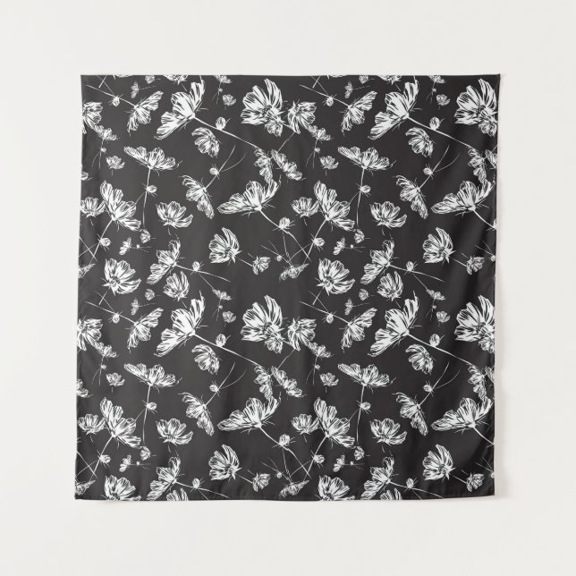 Tenture Fleurs cosmos blanches : motif isolé. (Devant)