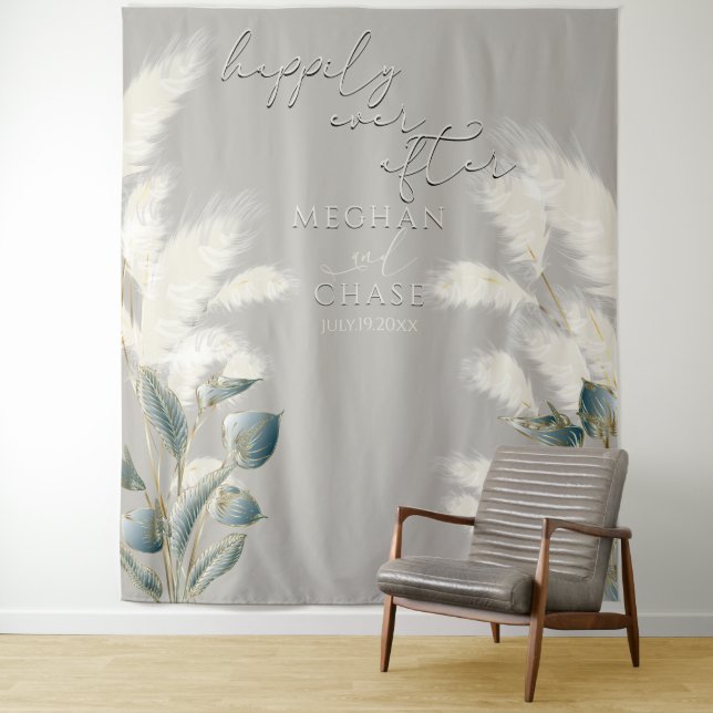 Tenture Fleurs d'Anthurium Smokey Teal Herbe des Pampas Iv (En situation)