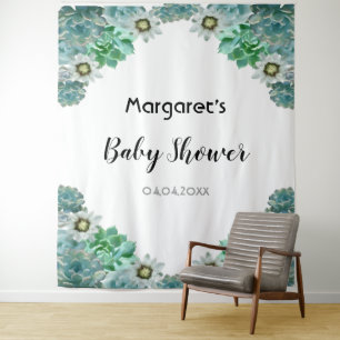 Tenture Fleurs de cactus et succulentes Baby Shower blanc