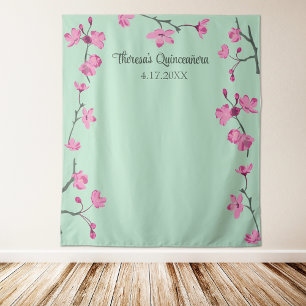 Tenture Fleurs de cerisier rose, fond vert de teint