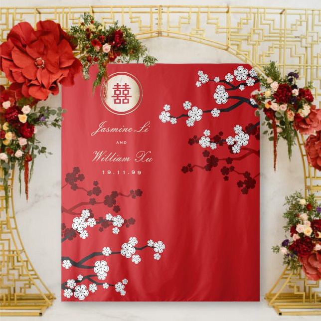 Tenture Fleurs de cerisiers Mariage chinois Rouge Photo fo (White Cherry Blossoms Gold Double Happiness, Chinese Wedding Backdrop Tapestry @ fatfatin_red_knot)