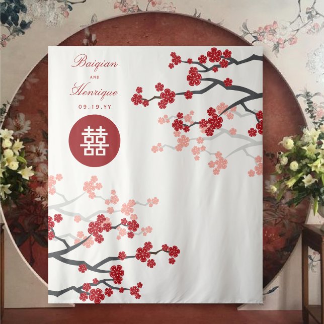 Tenture Fleurs de cerisiers rouges Mariage chinois Fond ph (Créateur téléchargé)