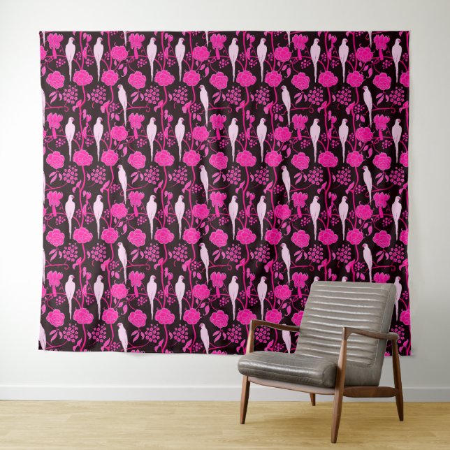 TENTURE FLEURS DE FUCHSIA ROSE NOIRE ART DÉCO, PARROTS BLA (En situation (horizontale))
