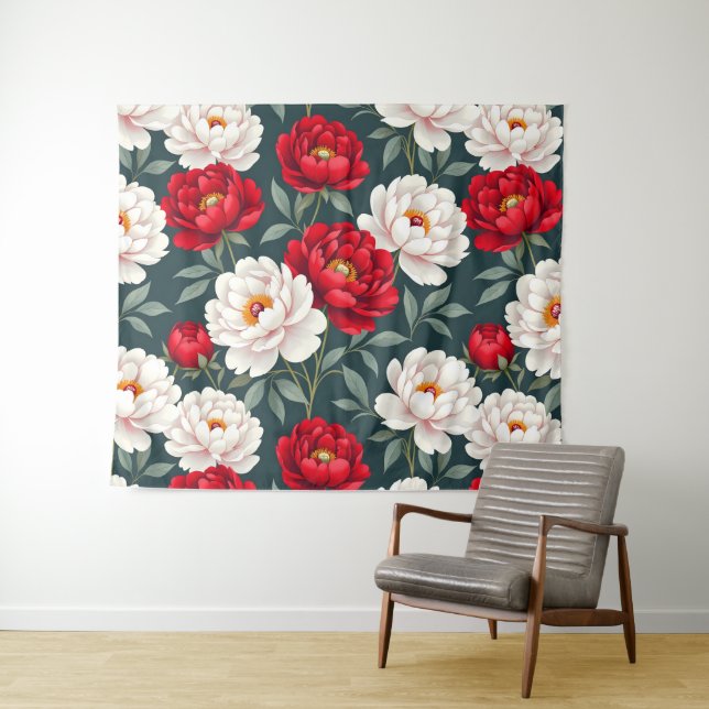 Tenture Fleurs de pivoine rouges et blanches  (En situation (horizontale))