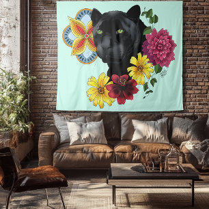 Tenture Fleurs de Portrait Jaguar Noir