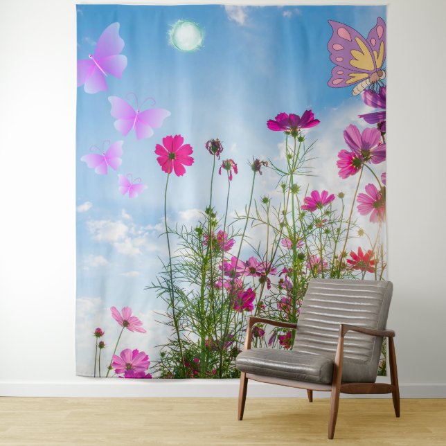 Tenture fleurs de printemps et papillon (En situation)