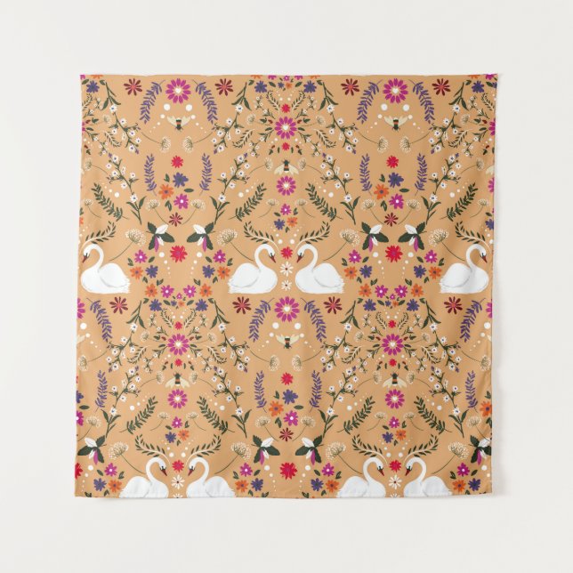 Tenture Fleurs délicates, imaginaire cygne sans couture mo (Devant)