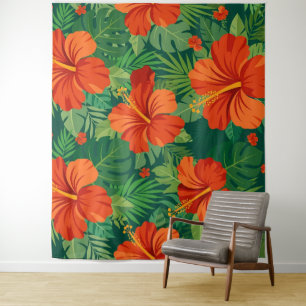 Tenture Fleurs d'Hibiscus Rouge Orange Vert Feuillage de l