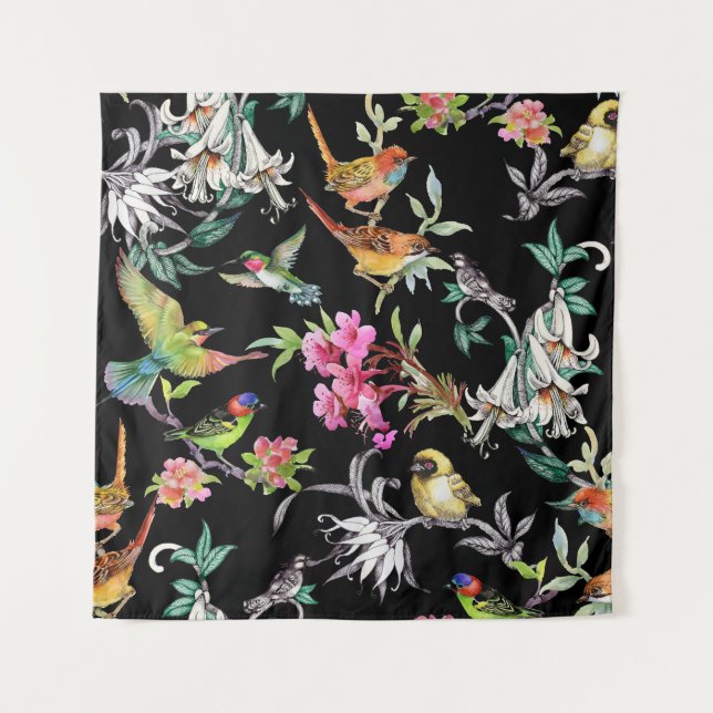 Tenture Fleurs d'oiseaux tropicaux : Motif d'aquarelle (Devant)