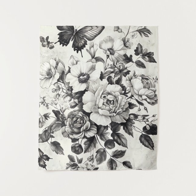 Tenture Fleurs et papillons rustiques - Papier vieilli (3) (Devant)