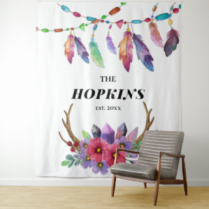 Tenture Fleurs et plumes colorées Boho famille personnalis