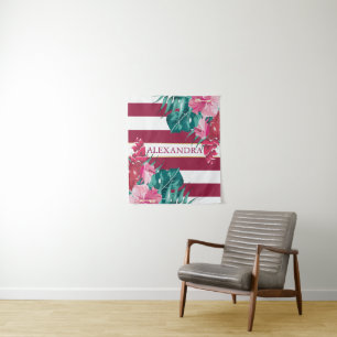 Tenture Fleurs exotiques roses rayées Bourgogne