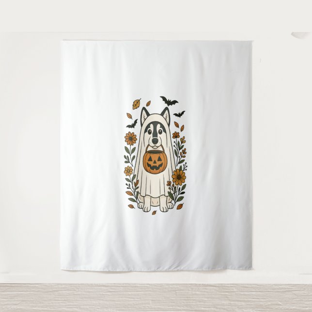 Tenture Fleurs Husky Sibériennes d'Halloween (Devant)