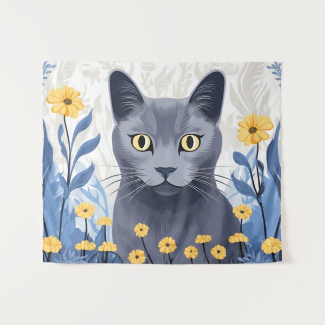 Tenture Fleurs Jaunes Chat Bleu Russe (Devant (Horizontal))