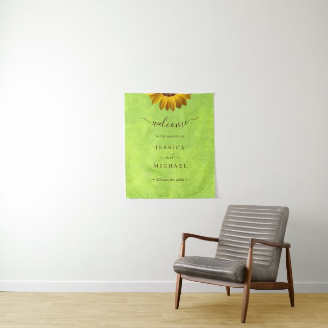 Tenture Fleurs jaunes sur Mariage vert Abstrait (En situation)