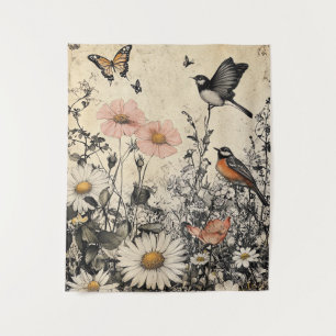 Tenture Fleurs, oiseaux et papillons sur papier vieilli (1