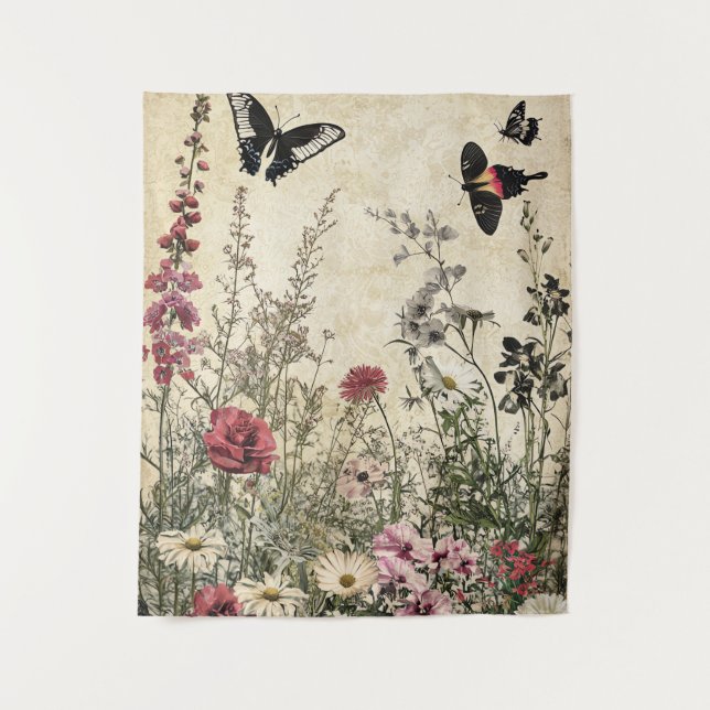 Tenture Fleurs, oiseaux et papillons sur papier vieilli (2 (Devant)