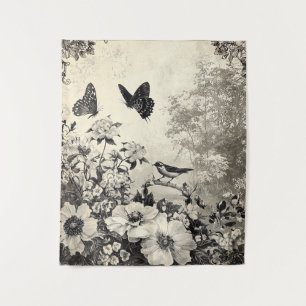 Tenture Fleurs, oiseaux et papillons sur papier vieilli (3