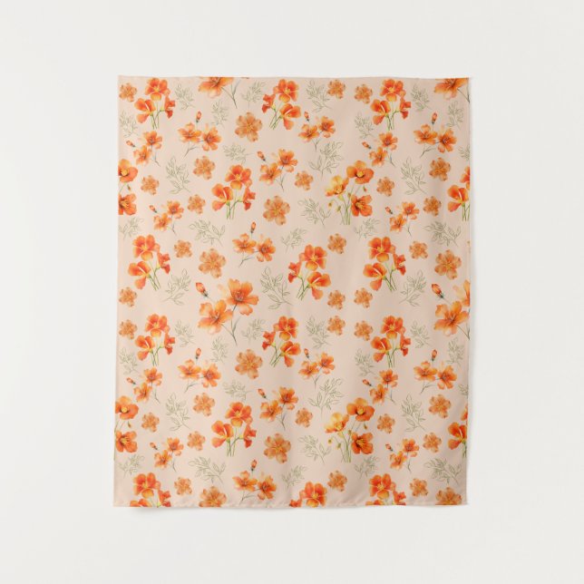 Tenture Fleurs orange avec Feuilles verts (Devant)