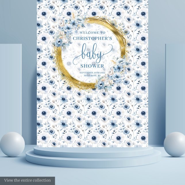 Tenture Fleurs pastel bleu classique en or pour une baby s (Classic pastel blue flowers gold baby shower photo Tapestry)