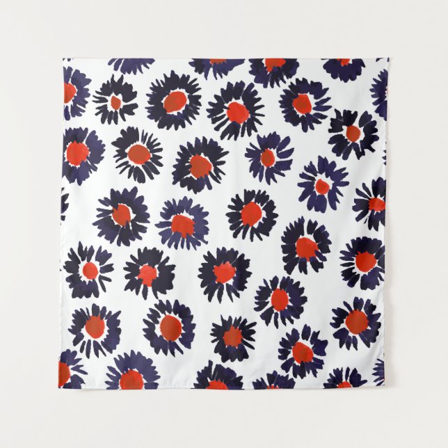 Tenture Fleurs peintes à la main, motif rouge et bleu. (Devant)