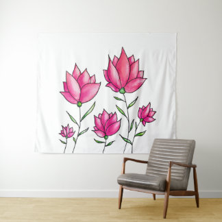 Tenture Fleurs roses Assez Minimaliste Encre Aquarelle Art