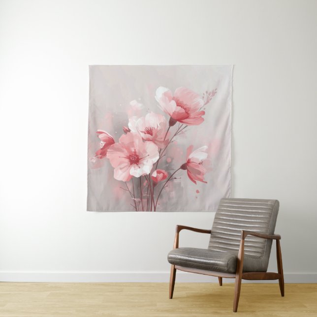Tenture Fleurs roses, blanches et grises (En situation)