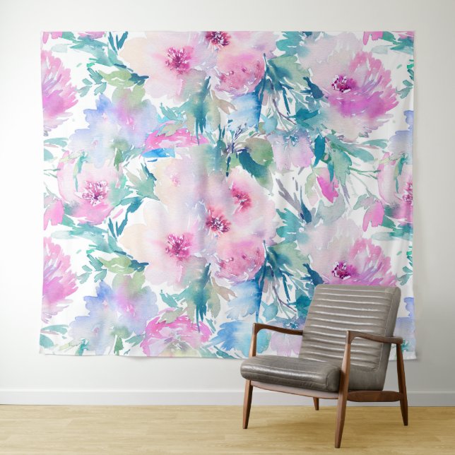 Tenture Fleurs roses et bleues en motif de collage (En situation (horizontale))