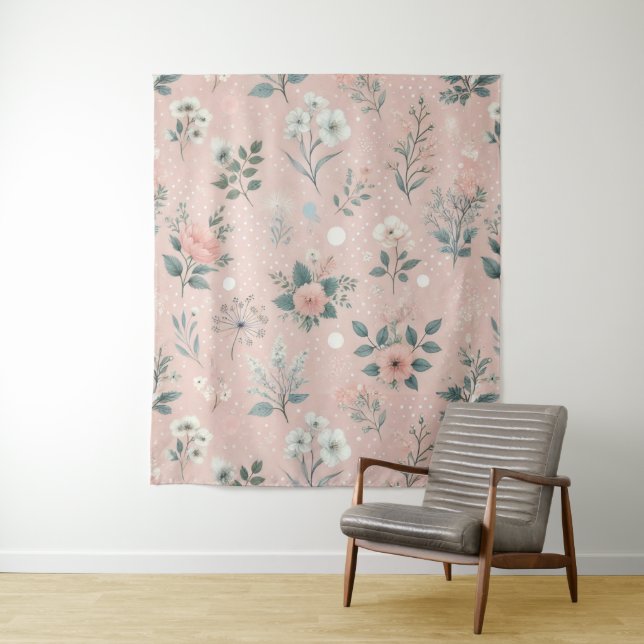 Tenture Fleurs roses rustiques avec fleurs blanches et ver (En situation)
