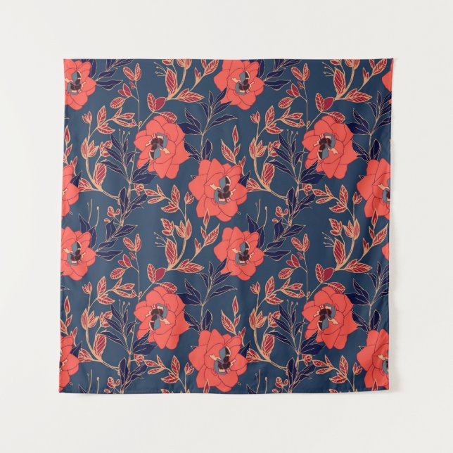 Tenture Fleurs rouges de roses et pivoines avec feuilles e (Devant)